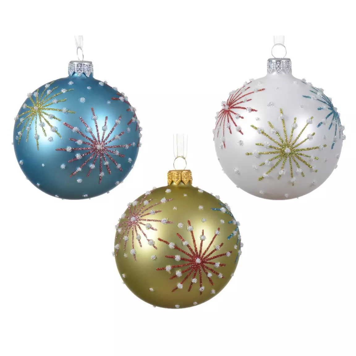 Lot de 6 boules de Noël (D80 mm) en verre Sali Blanc, Pistache et Bleu pétillant