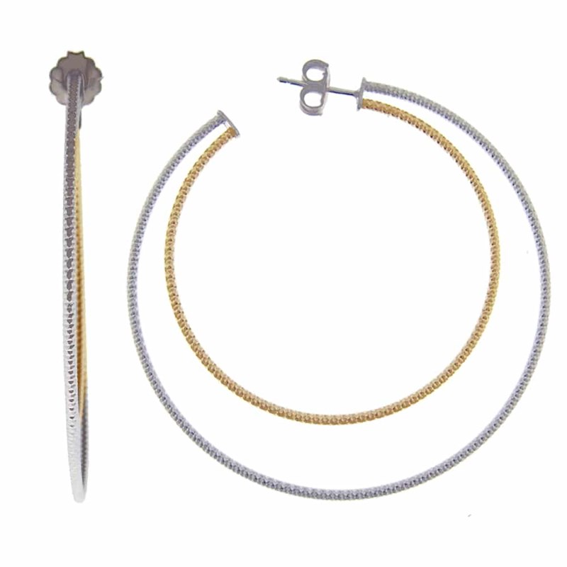 Boucles D Oreilles Créoles Deux Anneaux Grand Modèle Argent Rhodié Doré Diamanté Helena Diamètre 55mm