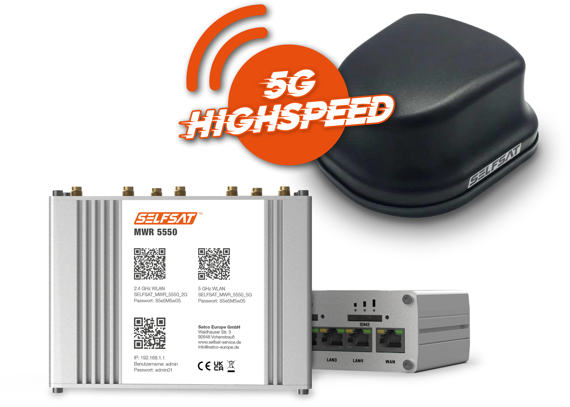 Selfsat 4G / LTE / 5G & WLAN Internet Router Komplettset MWR 5550 bis 3,3 Gbps inkl. 5G Dachantenne schwarz