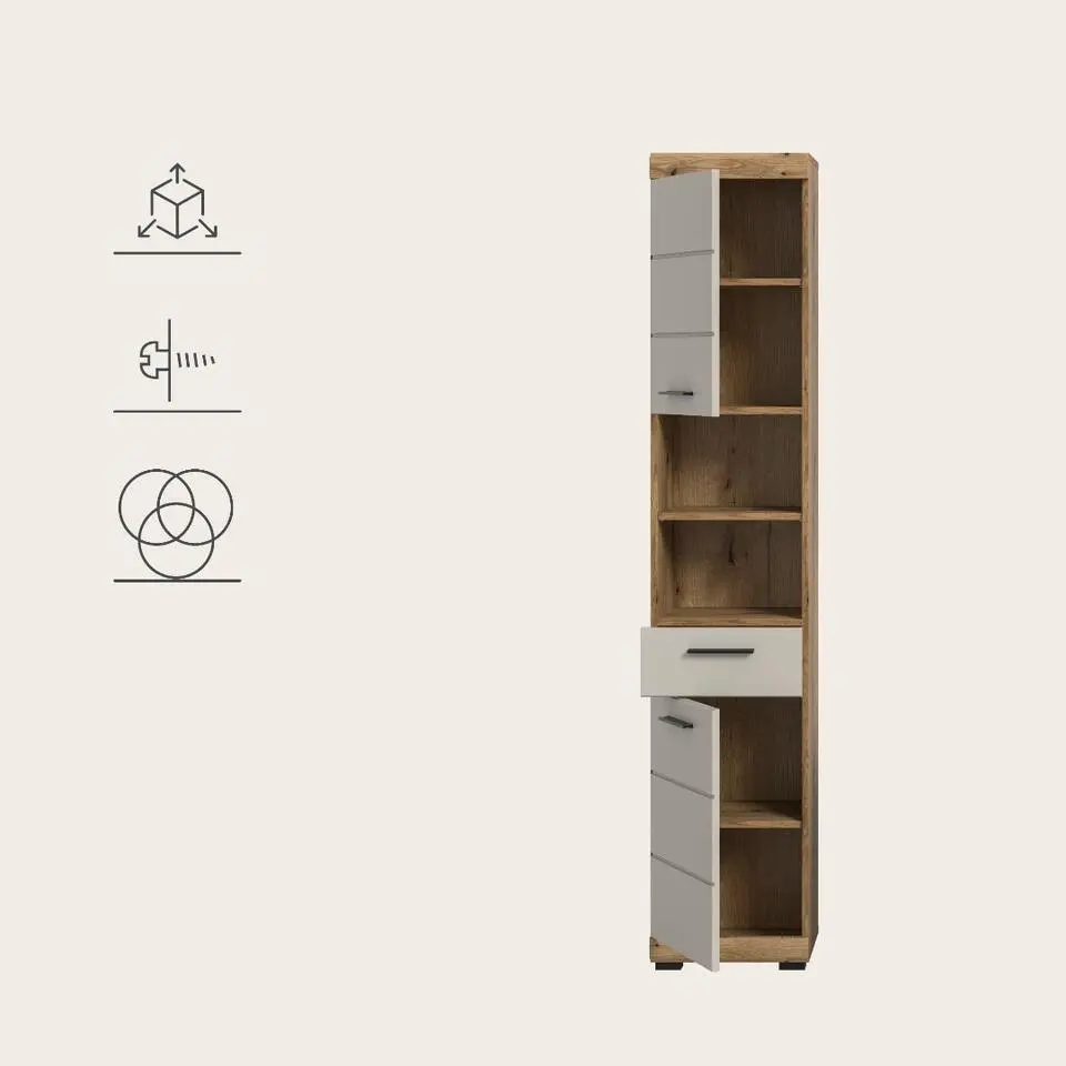 Hioshop Scout kolomkast 2 deuren- 1 lade- 2 planken kasjmier decor mat- eiken