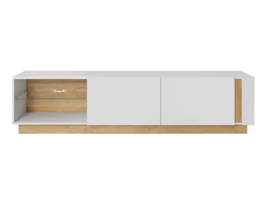 Meuble TV MURARI - 2 portes et 2 niches - Avec LEDs - Blanc brillant et chêne