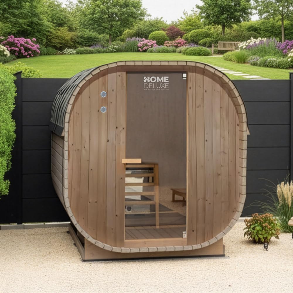 Home Deluxe - Outdoor Sauna Cube L - Maße: ca. 194 cm x 185 cm x 180 cm, Holz: Fichtenholz - inkl. Saunaofen und Saunazubehör I Gartensauna, Außensauna, Sauna Fass für 4 Personen
