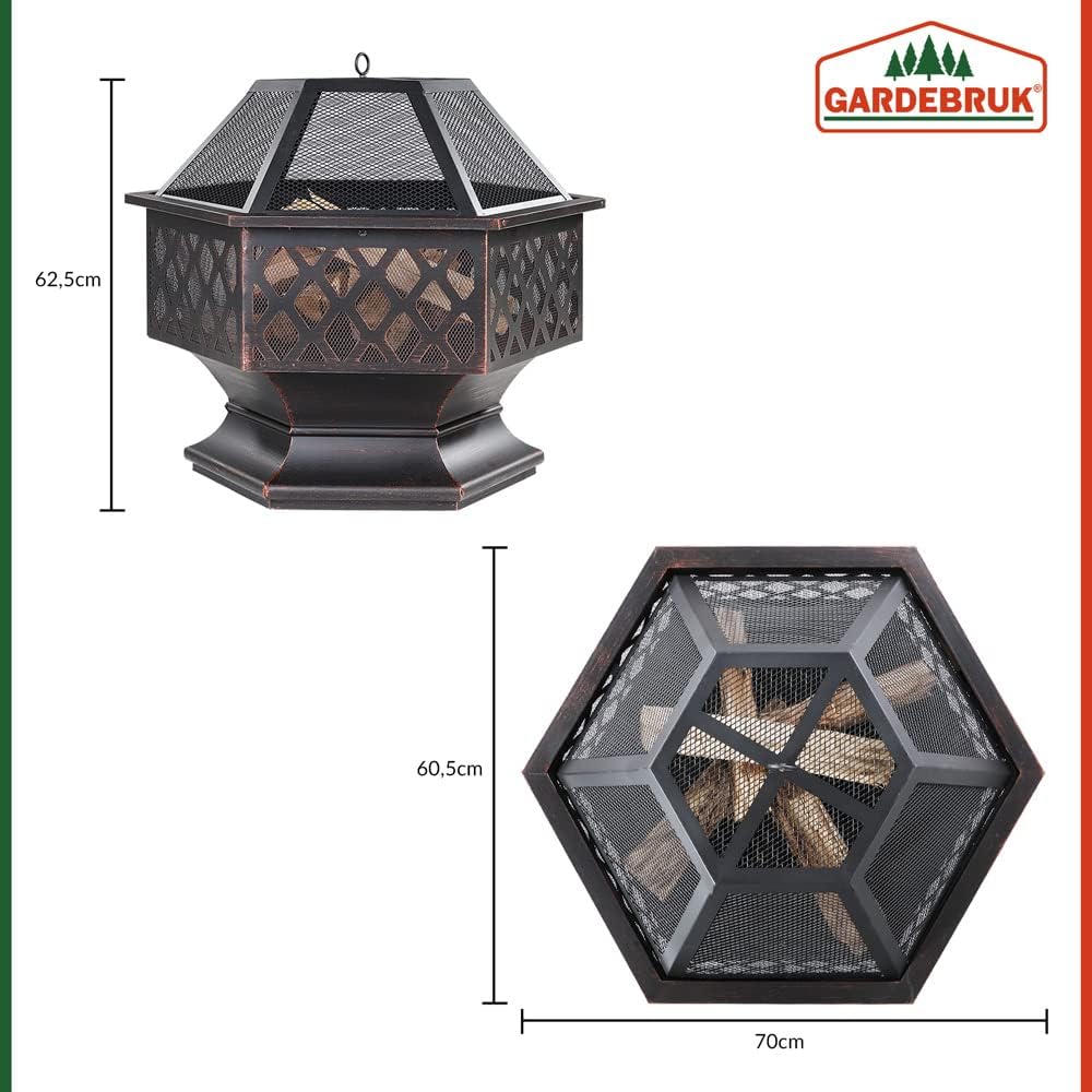 GARDEBRUK® Feuerschale mit Funkenschutz Schürhaken Abdeckung 70cm Eckig Antik Schwarz Terrasse Garten Feuerstelle Feuerkorb Kamin Ofen Holz Grill