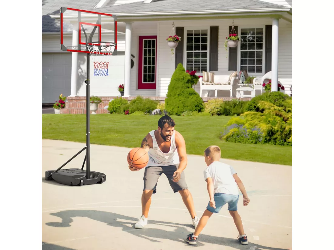 Panier de Basket-Ball, Hauteur Réglable 147-260CM, avec 83x53cm Mur de dos PC et base agrandie, 2 roues, pour Enfant/Adultes - 86x83x260cm