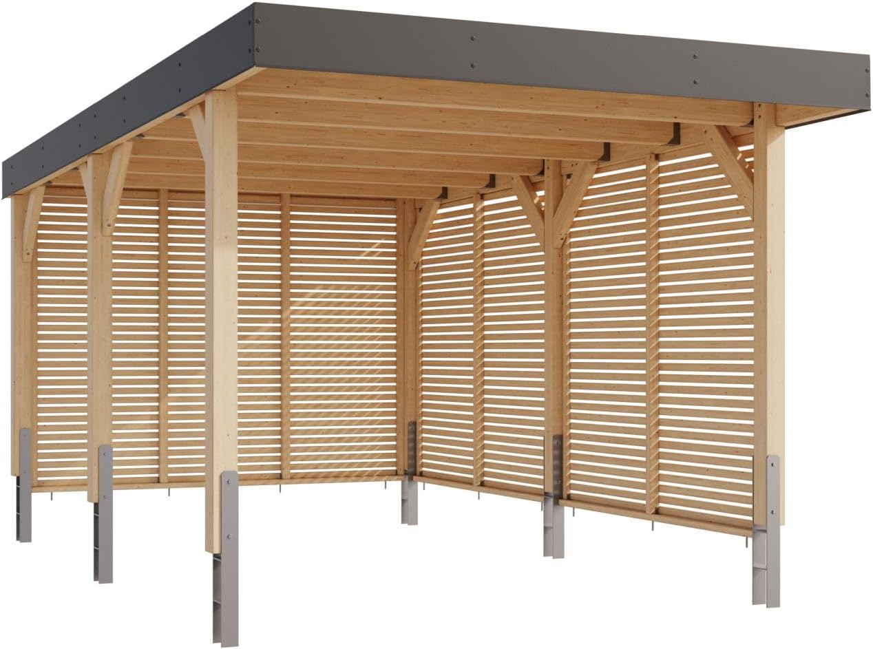 Karibu Leimholzcarport mit EIN oder Zwei Stellplätzen, optional mit Seitenwänden (Einzelcarport - mit Seitenwänden)
