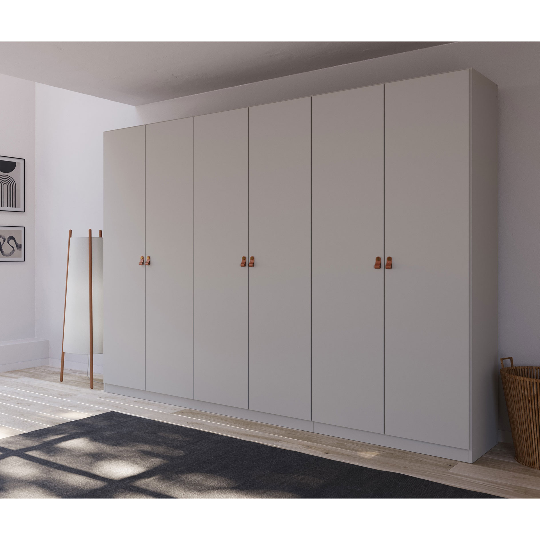 Drehtürenschrank - seidengrau - Ledergriffe - 271 cm