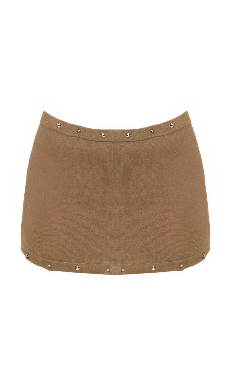 Dark Khaki Mini Jupe En Maille Transparente À Détails Cloutés