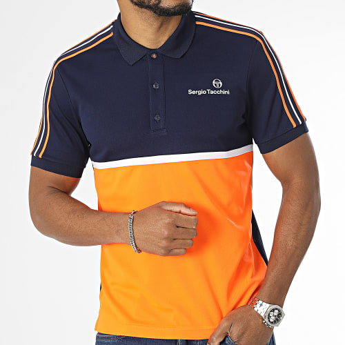 Polo Manches Courtes A Bandes Lista 39977 Bleu Marine Blanc Orange Fluo