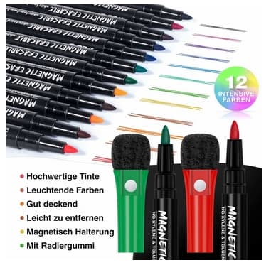 12 sett med magnetiske tavlepenner og viskelær