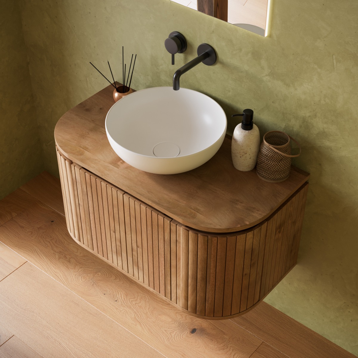 SCHADEMODEL: Livli Estrela badmeubel met ribbelfront 90cm mangohout zonder waskom