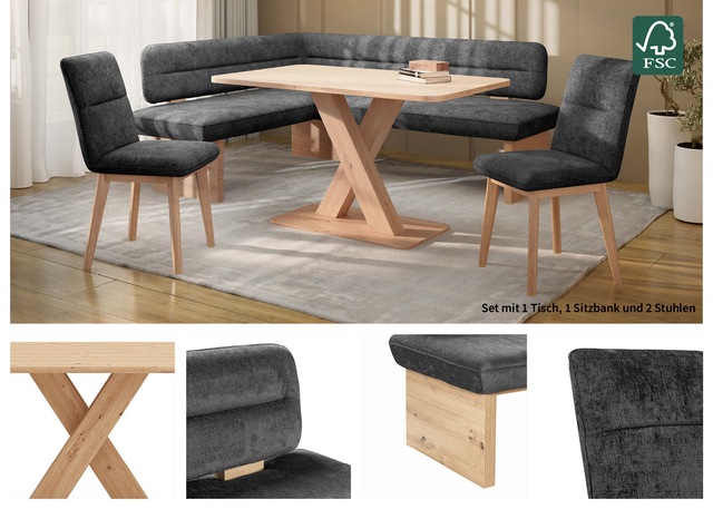 Home affaire Eckbankgruppe »Louise + Miles Essecke Sitzgruppe Eckbank Küchenbank« Set, 4er, 4 Stk. tlg. Sitzgruppe Esszimmer Stühle Tisch und Bank bequem gepolstert