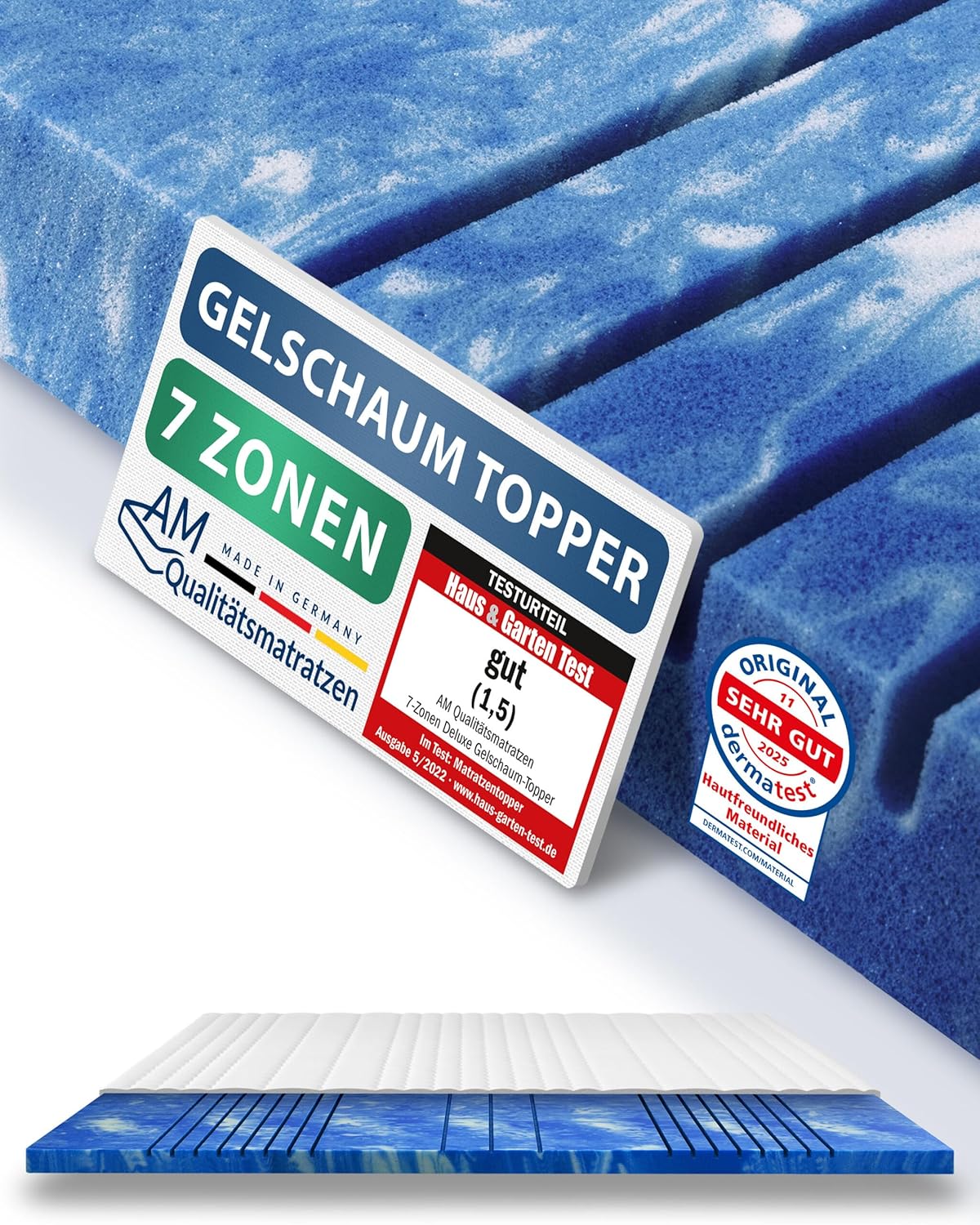 AM Qualitätsmatratzen 7 Zonen Deluxe Gel Topper 150x220cm RG50 - Made in Germany - Atmungsaktiver Gelschaum Topper 150x220-8cm - Kühlende Matratzenauflage mit Lyocell Bezug und Anti-Rutsch Funktion