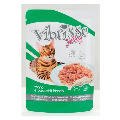 Atum e peixe branco em gelatina Vibrisse em sachê para gatos.