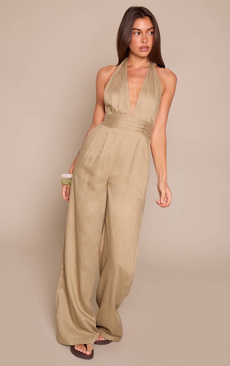 Kaki Combinaison-pantalon Aspect Lin Col Licou Avec Dos À Nouer