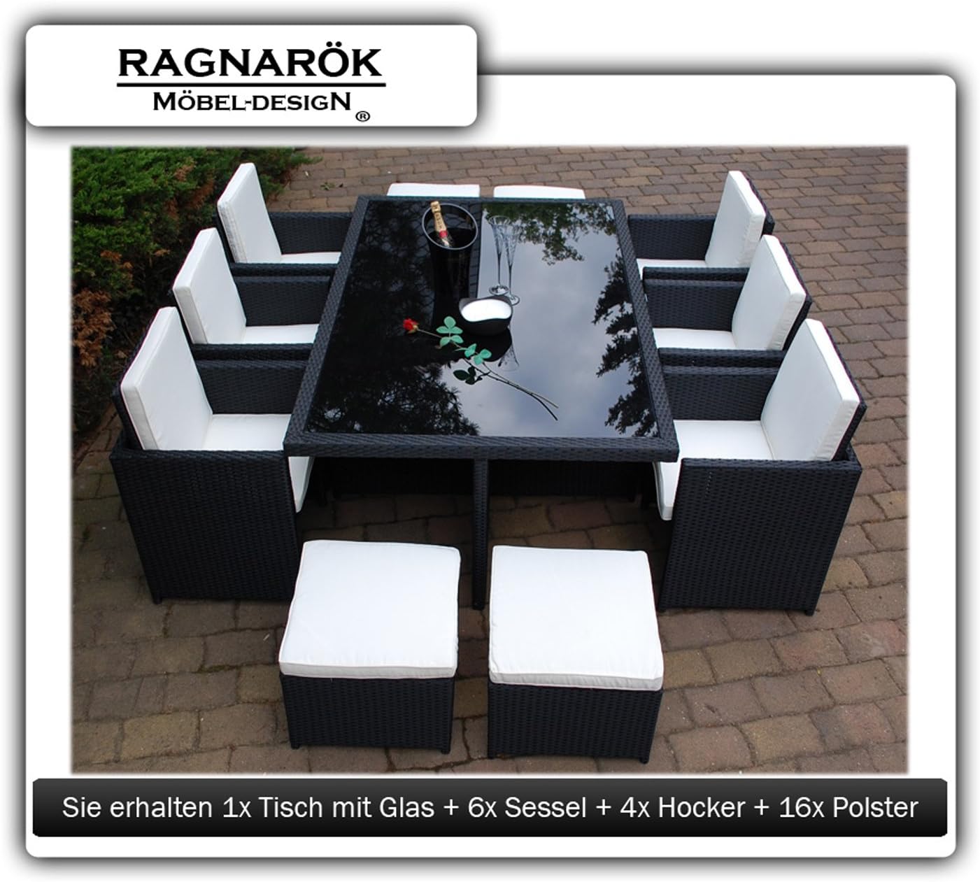 Ragnarök-Möbeldesign Polyrattan Gartenmöbel Set für 10 Personen – XXL Esstisch 190x125 cm mit ESG-Glasplatte – 6 Sessel & 4 Hocker inkl. Polster – Aluminiumrahmen – vormontiert