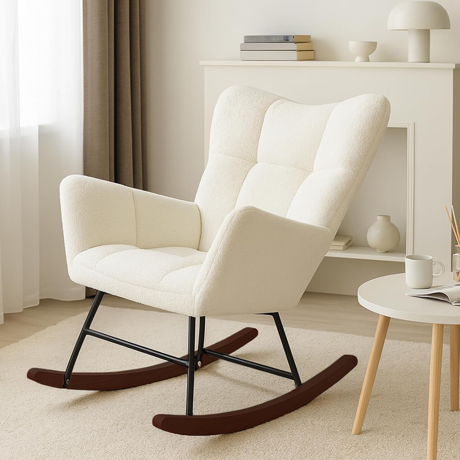 Allyson® Schaukelstuhl Relaxsessel mit Liegefunktion, Flauschiger Lesesessel & Stillsessel, Schaukelsessel mit Armlehnen aus Holz, bis 150 kg belastbar, ideal für Wohnzimmer, Garten & Balkon - Beige