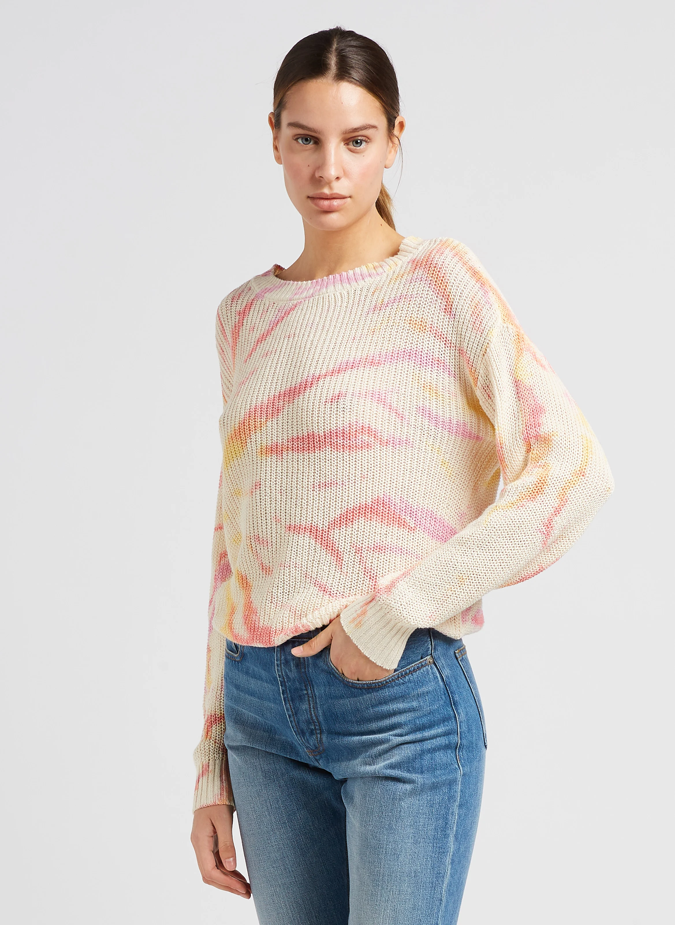 Pull col rond jacquard en coton| Beige