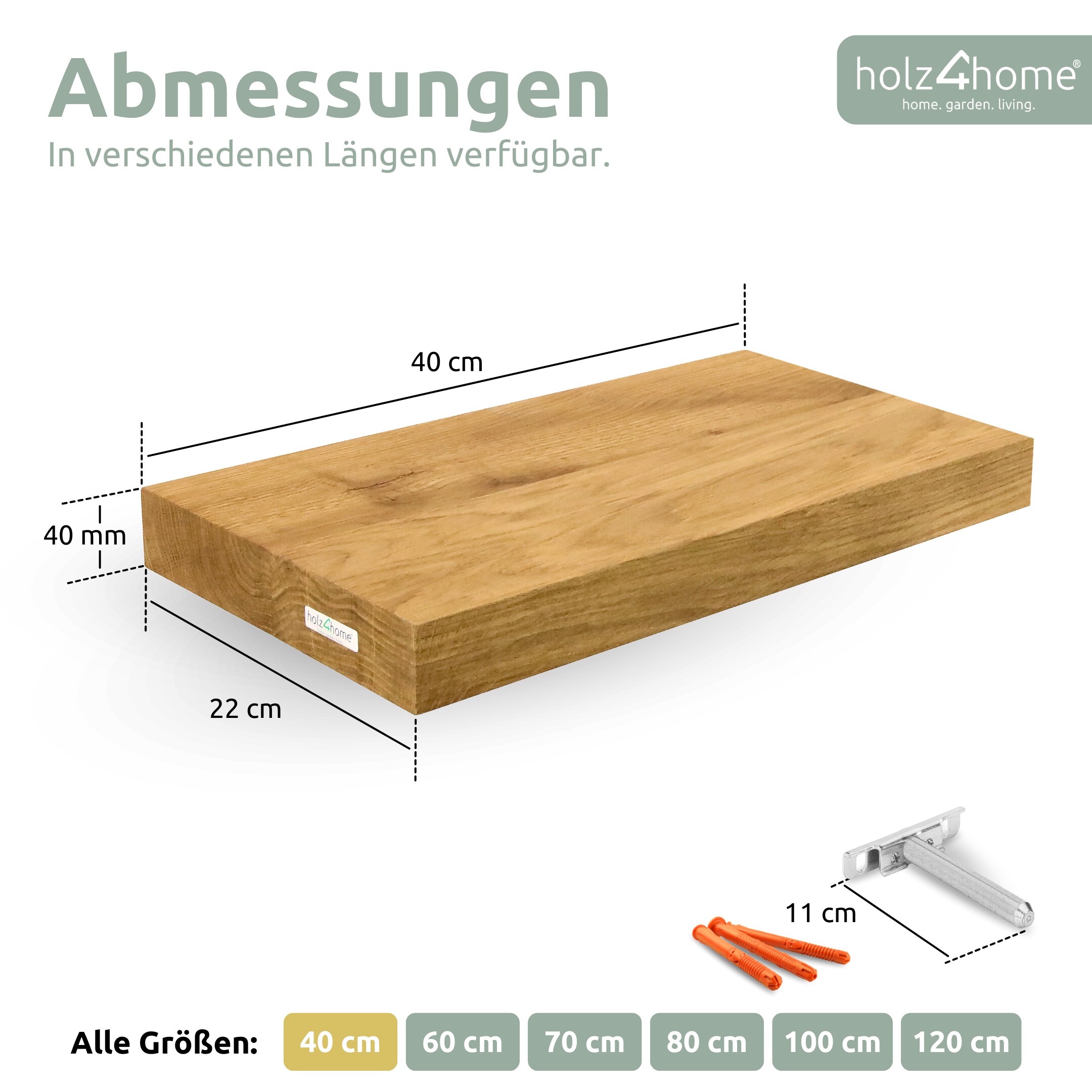 holz4home® Schwebendes Wandregal aus Massivholz Eiche, Natur Geölt | 40cm | Ohne Baumkante | Natur