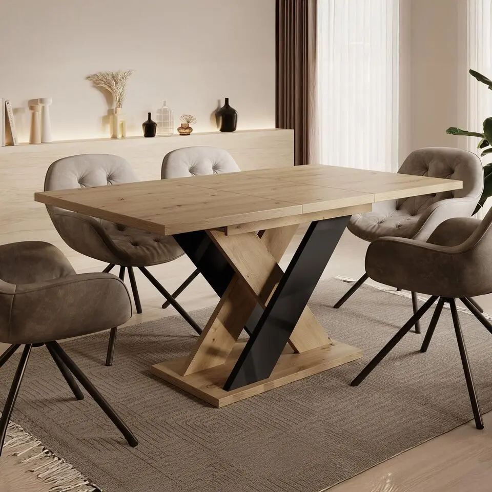 Meubella - Eetkamertafel Xandra - Eiken - Zwart - 160 cm - Uitschuifbaar