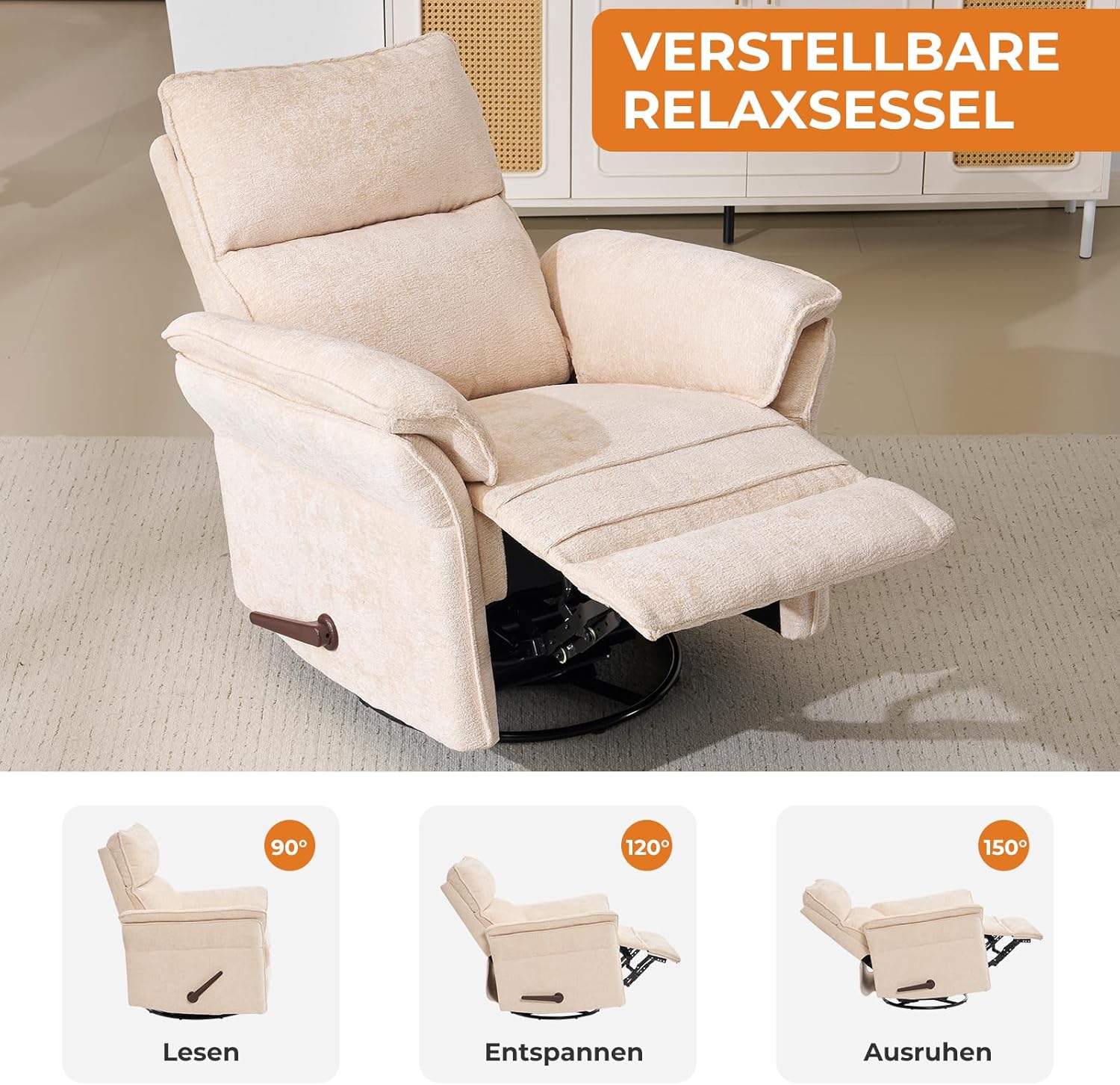 Fernsehsessel Relaxsessel mit Liegefunktion,360°Drehbarer TV Sessel Wohnzimmer, Schaukelstuhl mit Verstellbarer Kopfstütze,Dicke Rückenlehne und Armlehne,Seitentaschen,beige