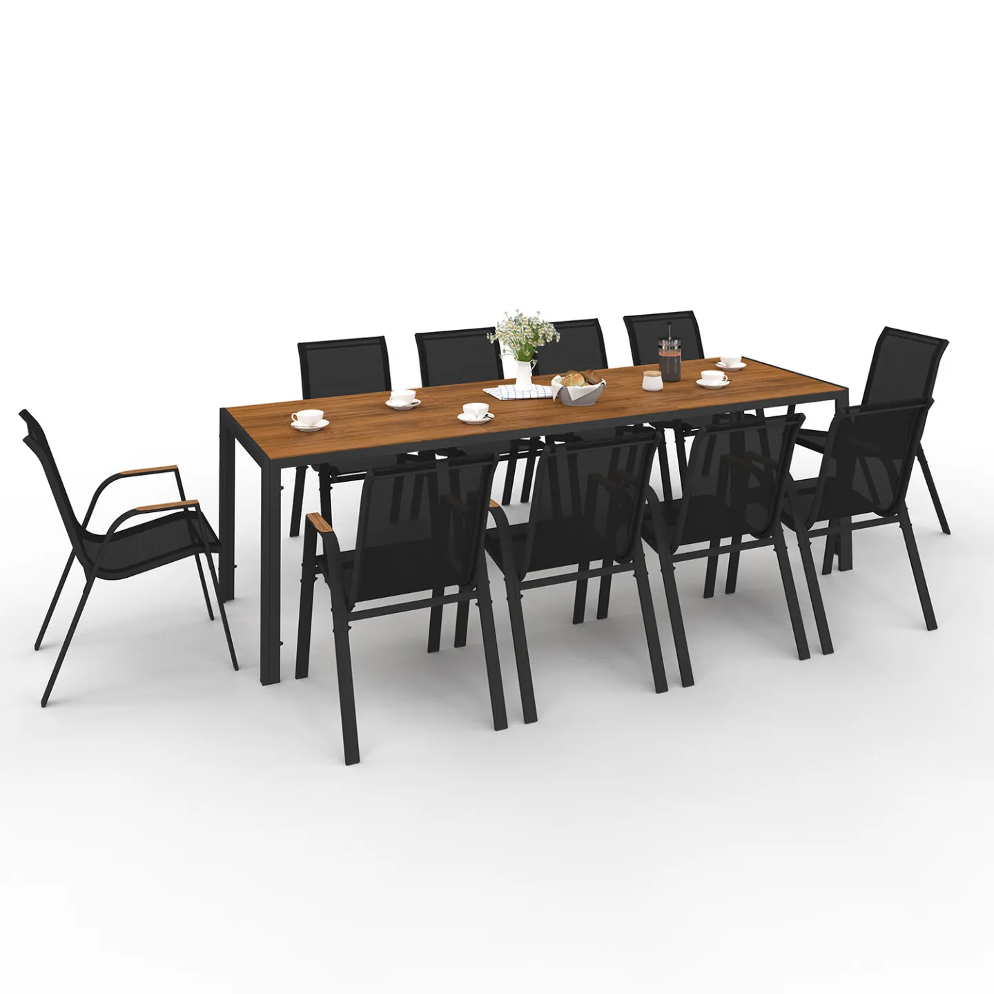 Salon de jardin NOUMEA table 240 cm plateau effet bois et 10 chaises empilables noir et bois