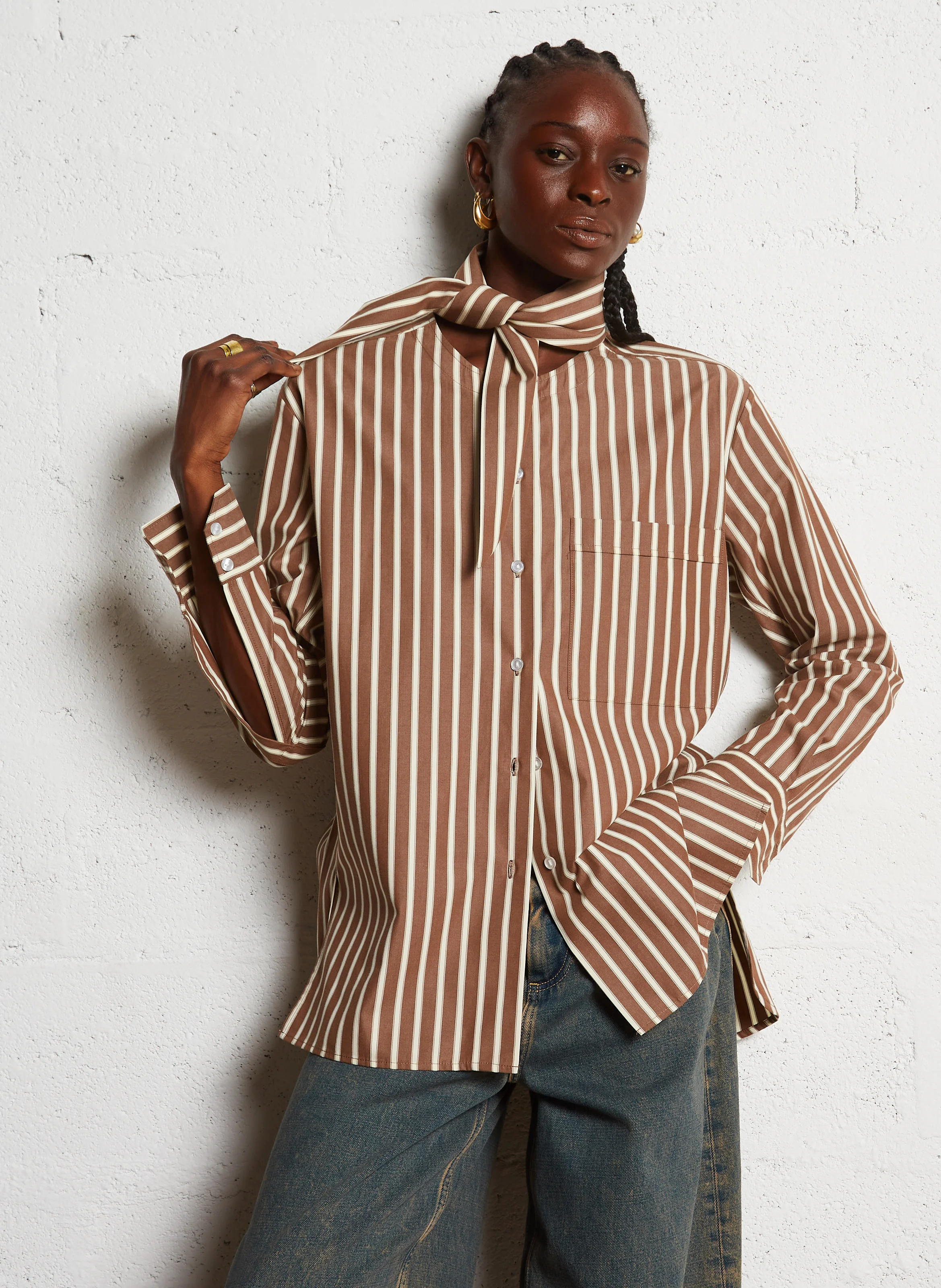 CUMAA - Chemise ample col amovible en coton rayé | Marron