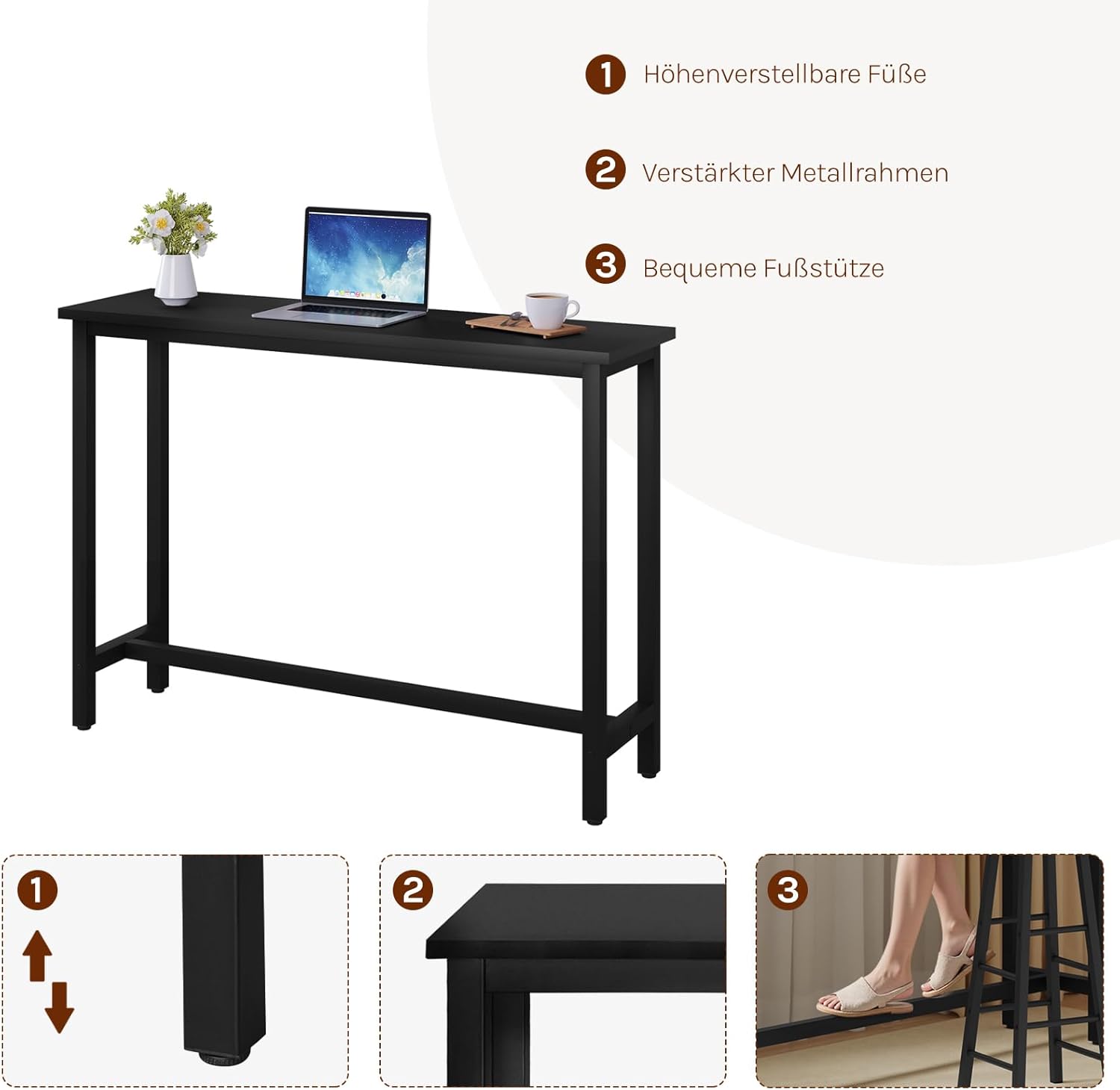 WOLTU 1x Bartisch Bistrotisch Stehtisch Esstisch, Metallgestell, Tischplatte aus MDF, Schwarz, 140x100x40cm(BxHxT)