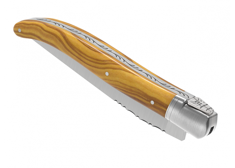 Couteau Laguiole avec un manche en bois d'olivier et 1 mitre en acier inoxydable