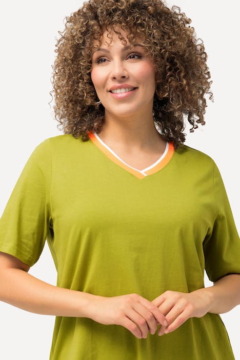 T-Shirt, Streifenbündchen, V-Ausschnitt, Halbarm
