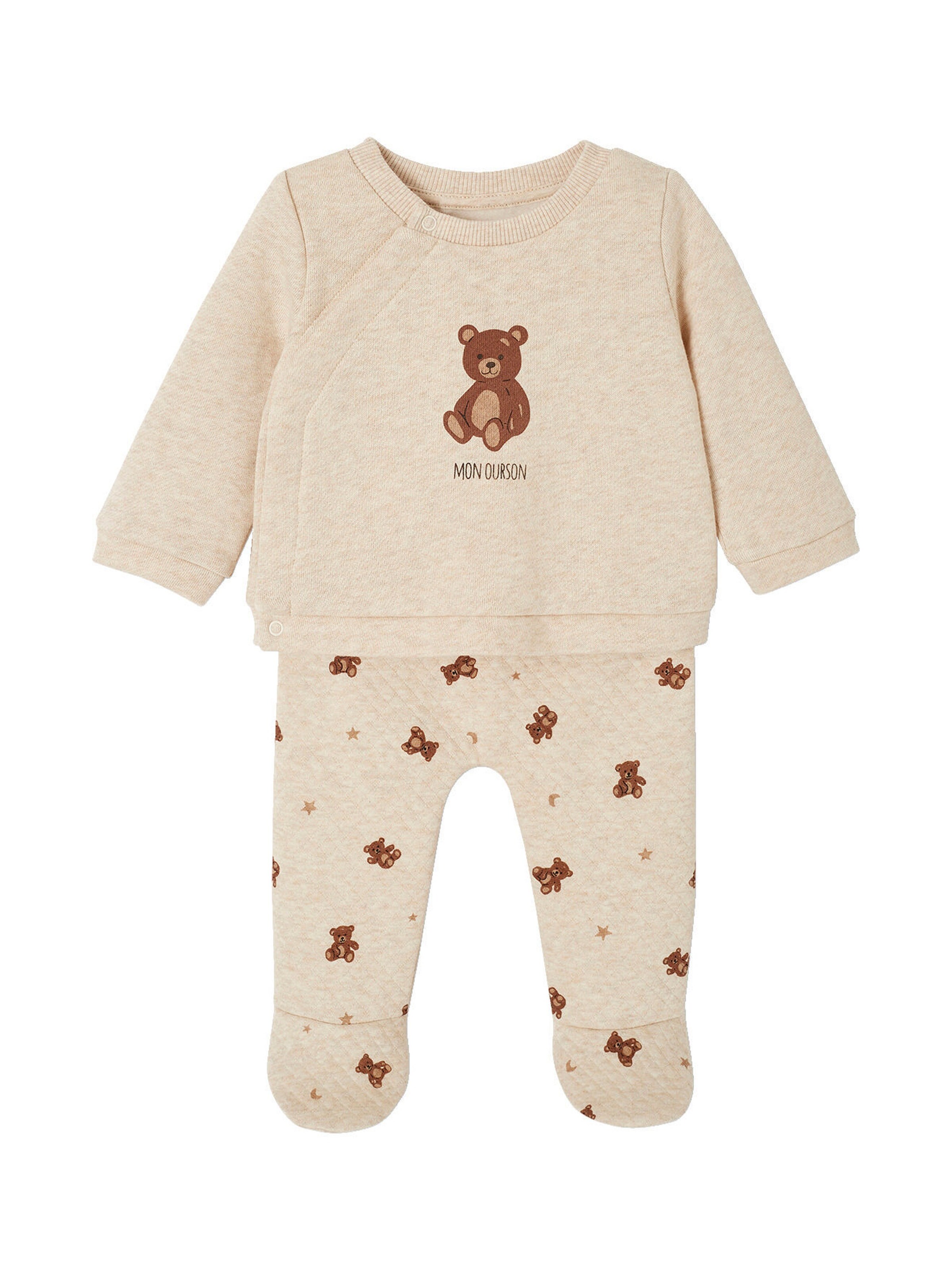 Vertbaudet Baby-Set mit Teddyprint: Wickeljacke & Hose beige meliert