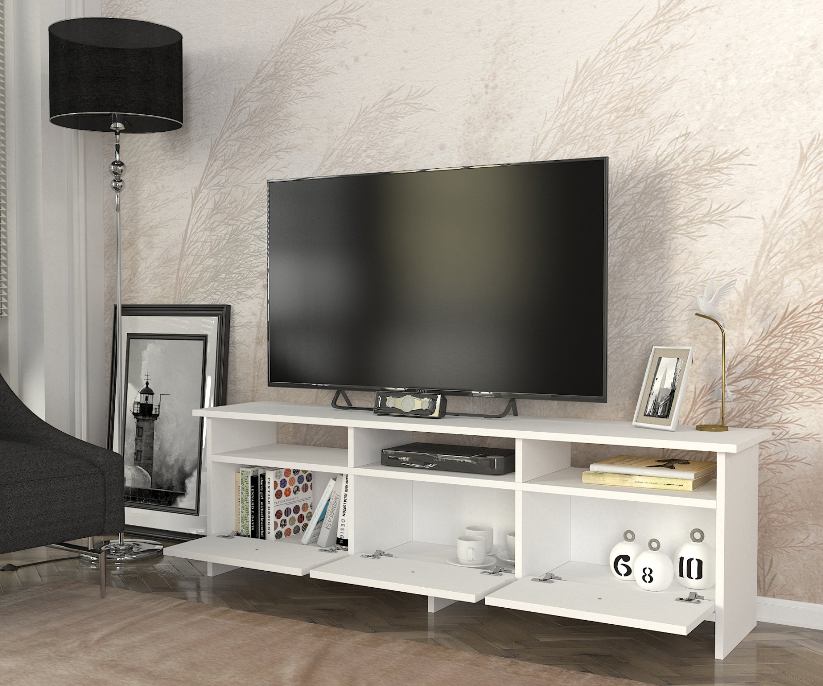 TV-Lowboard - weiß - 3 Klappen - 150 cm