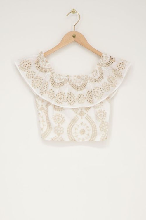 Beige cropped top met contrasterende embroidery