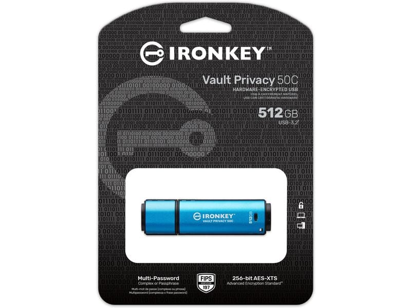 Kingston USB-Stick IronKey Vault Privacy 50C 512 GB XTS-AES 256-Bit verschlüsselter USB-Stick mit 512 GB Speicherkapazität