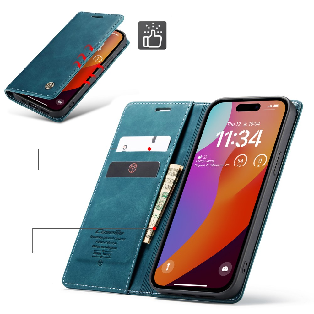 iPhone 16 Pro Leder Tasche Flip Wallet Etui mit Kartenfächern - Blaugrün