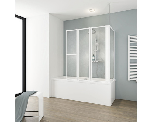 3-delige badwand met zijpaneel SCHULTE Komfort 128,8 x 140 cm, glasdecor druppel, profielkleur wit D1603-B 04 01 140