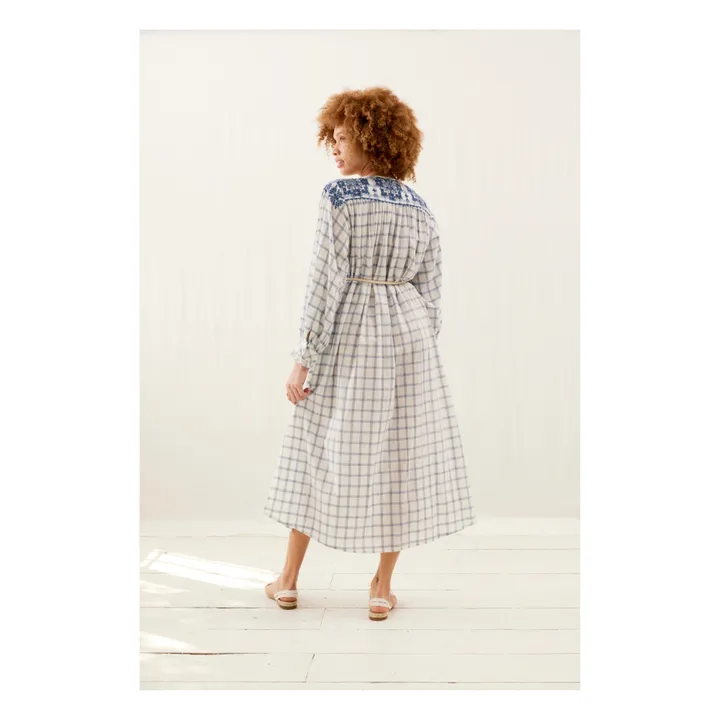 Louise Misha Robe Deepali Carreaux Coton Bio et Lin - Collection Femme | Bleu