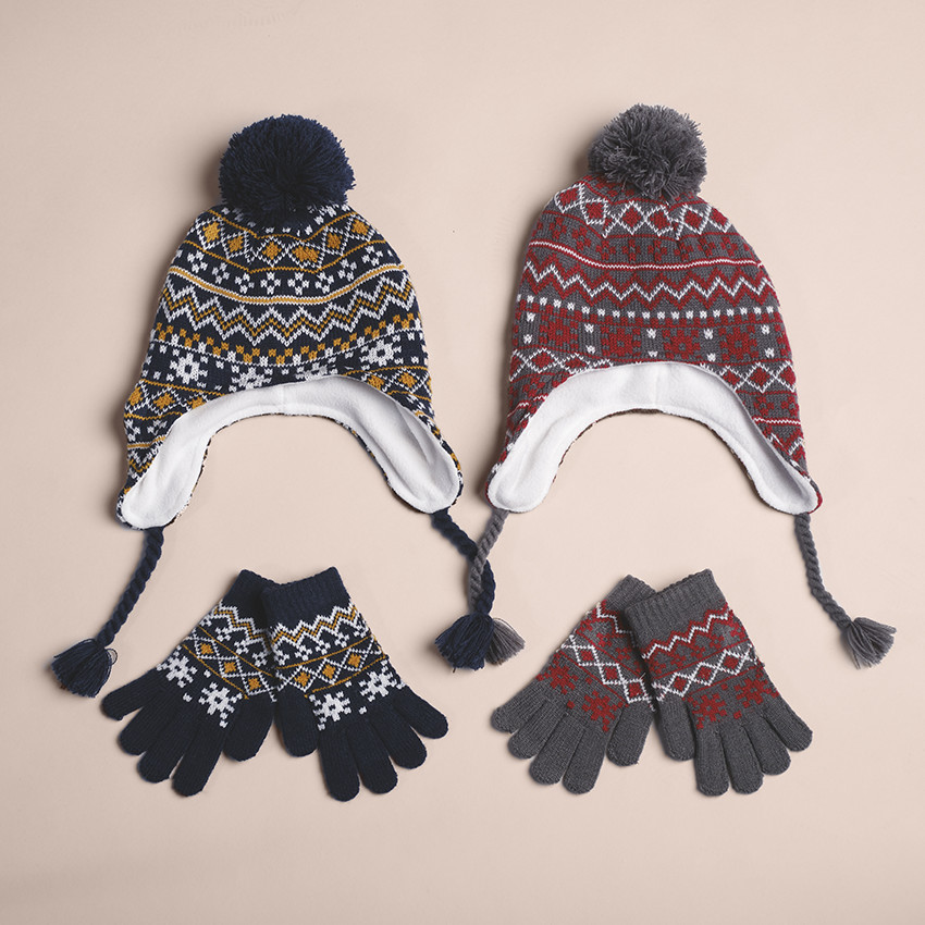 Ensemble bonnet péruvien doublé polaire et gants motifs jacquard