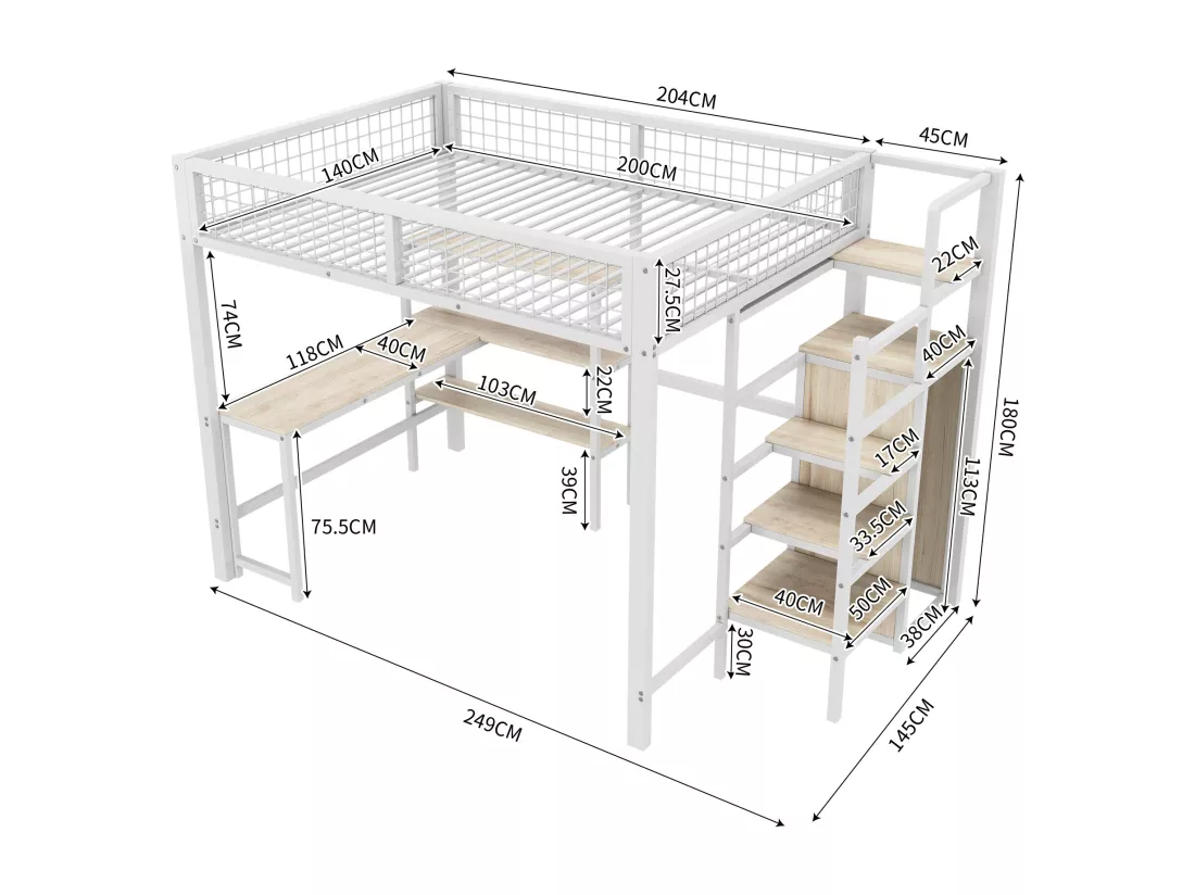 Lit mezzanine 140 x 200 cm avec bureau en L, armoire et étagères - Métal + MDF - Sommier à lattes - Blanc (sans matelas)