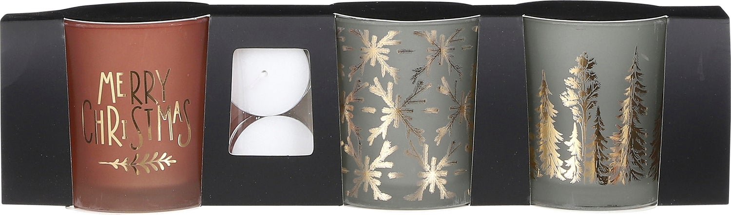 House of Seasons waxinelichthouders bruin / groen D 7 H 8 cm 3 stuks