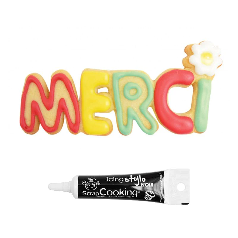 Découpoir à biscuits en inox Merci + Stylo de glaçage noir Scrapcookin