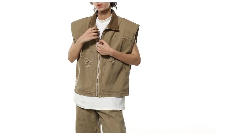 Cowpow - Effen vest met rits en distressed effect