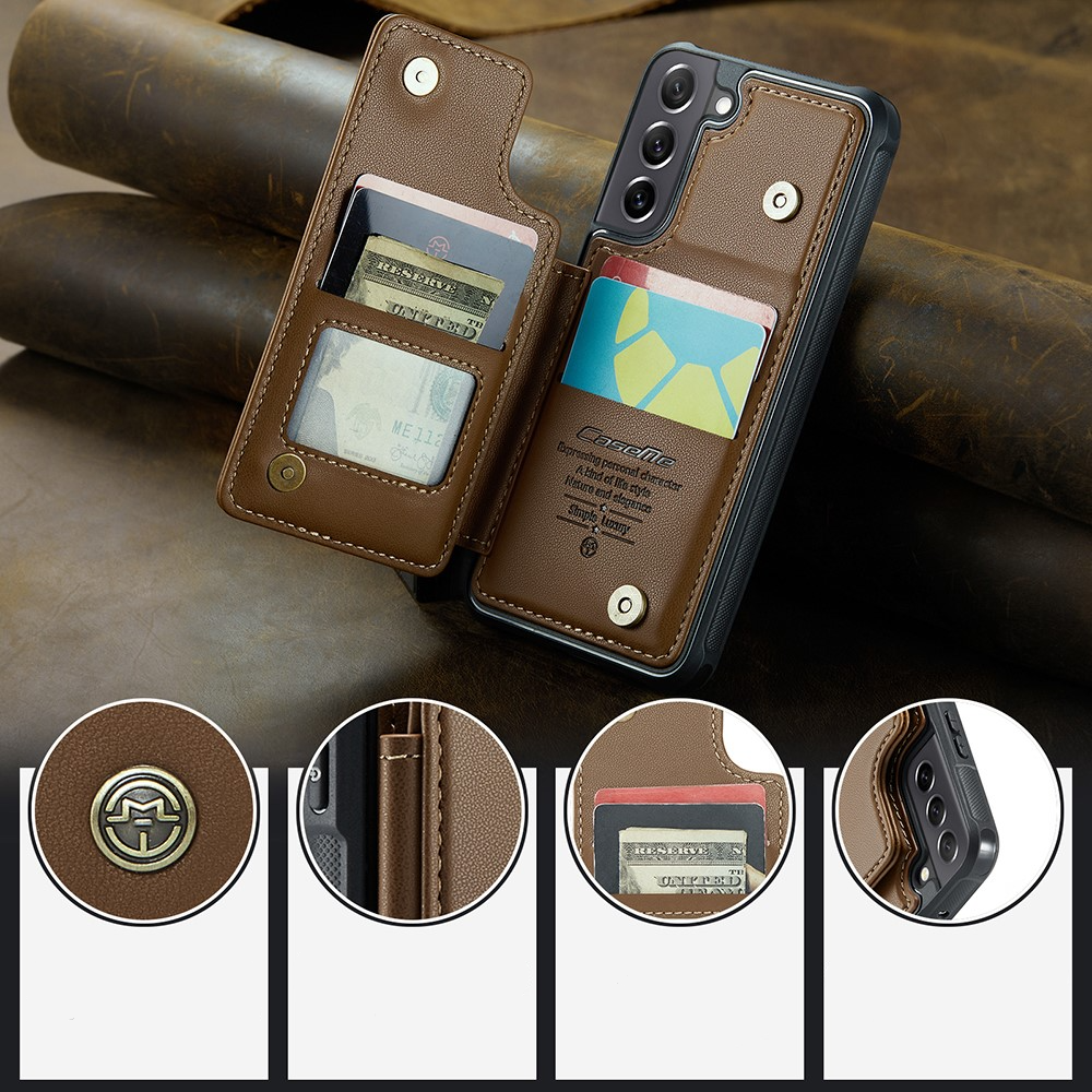 Samsung Galaxy S21 FE 5G Leder Hülle mit Kartenfächern im Litchi Look   Kickstand (RFID Schutz) - Braun