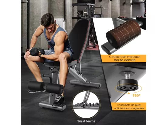 Banc de Musculation Dossier Réglable 10 Positions, Banc pour Entraînement Complet du Corps en Métal Charge 300KG avec 2 Roues, Idéal pour Développé Couché et Abdominaux
