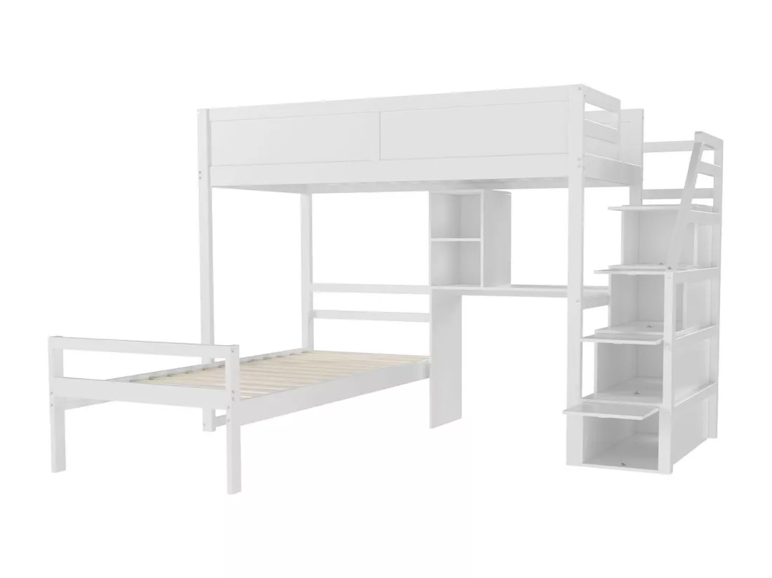 Lit superposé 90x200cm en bois massif - avec escalier de rangement et bureau - Blanc