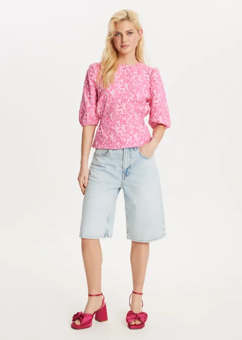 Jacquard top met pofmouwen roze (ROS)