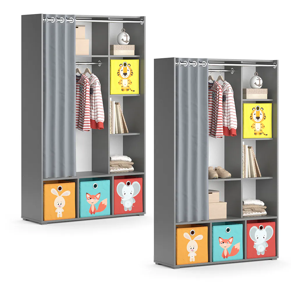 Vicco Kinderkleiderschrank Kinderzimmerschrank Kindergarderobe Luigi Grau Faltbox 106 x 178 cm modern Schrankregal Jugendzimmerschrank Organizer Vorhang Kleiderstange Fächer Aufbewahrung Spielzeugablage