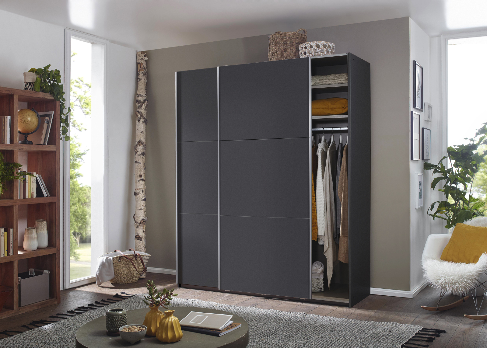 Schwebetürenschrank - grau-metallic - 2 Fachböden - 175 cm
