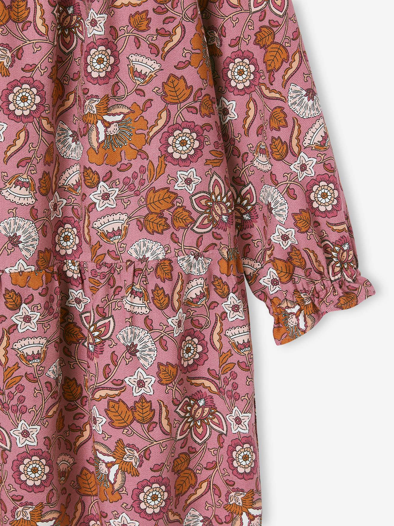 Vestido fluido com babados e motivos florais, para meninas, azul escuro