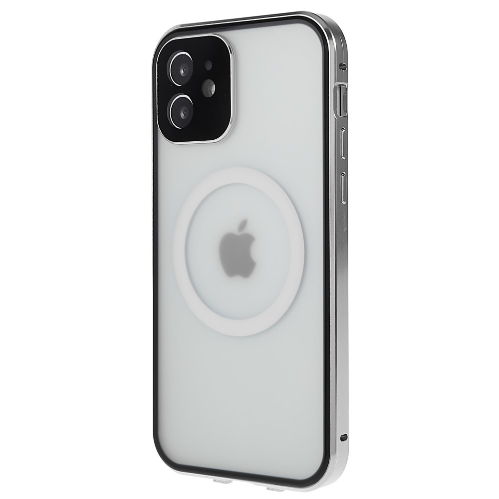 iPhone 12 MagSafe Magnetische Alu Schutzhülle mit Panzer Glas Backcover   Display- / Kameraglasschutz (Magnet-Technologie) - Silber