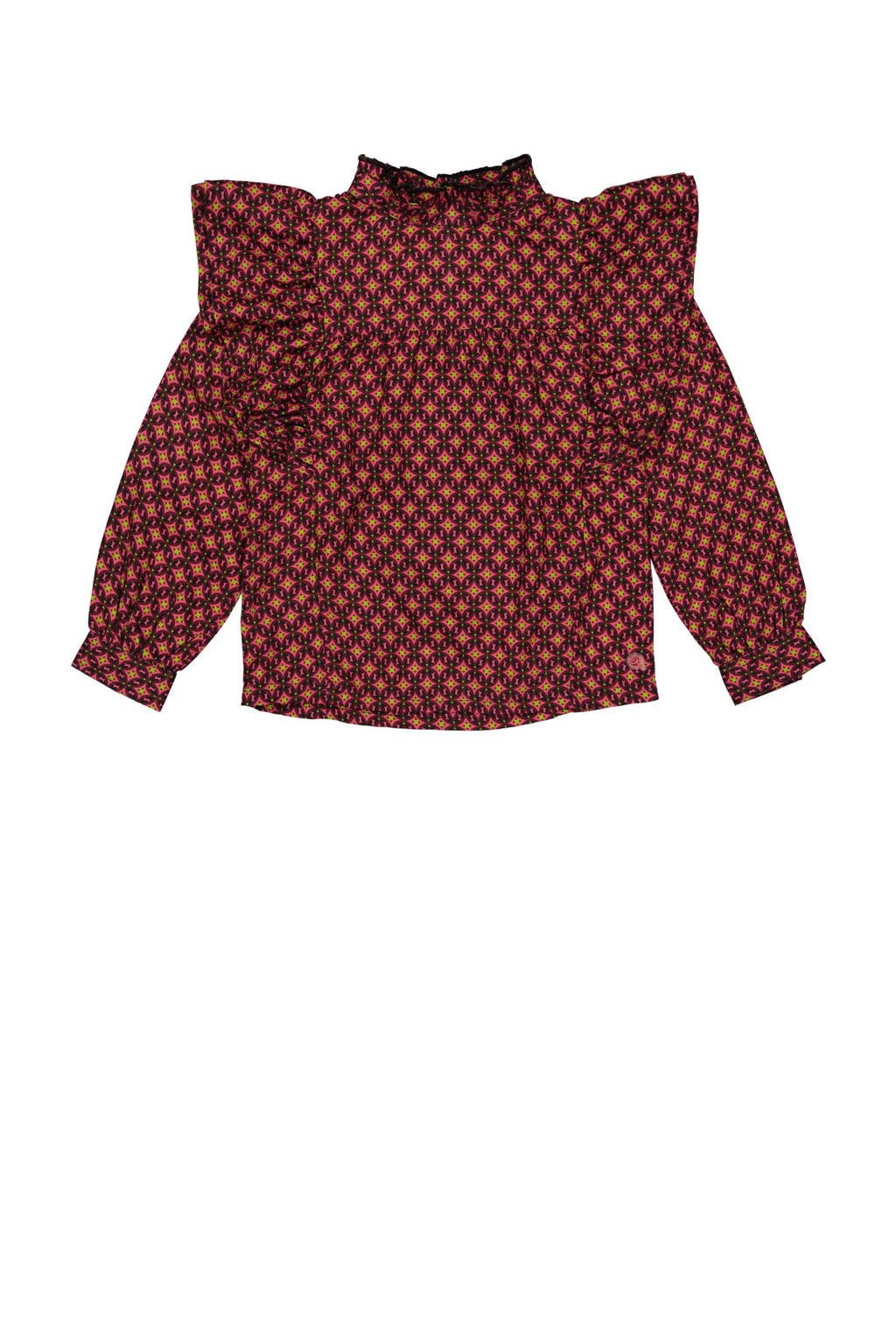 Quapi blouse ALEXIA met all over print en ruches wijnrood/zwart
